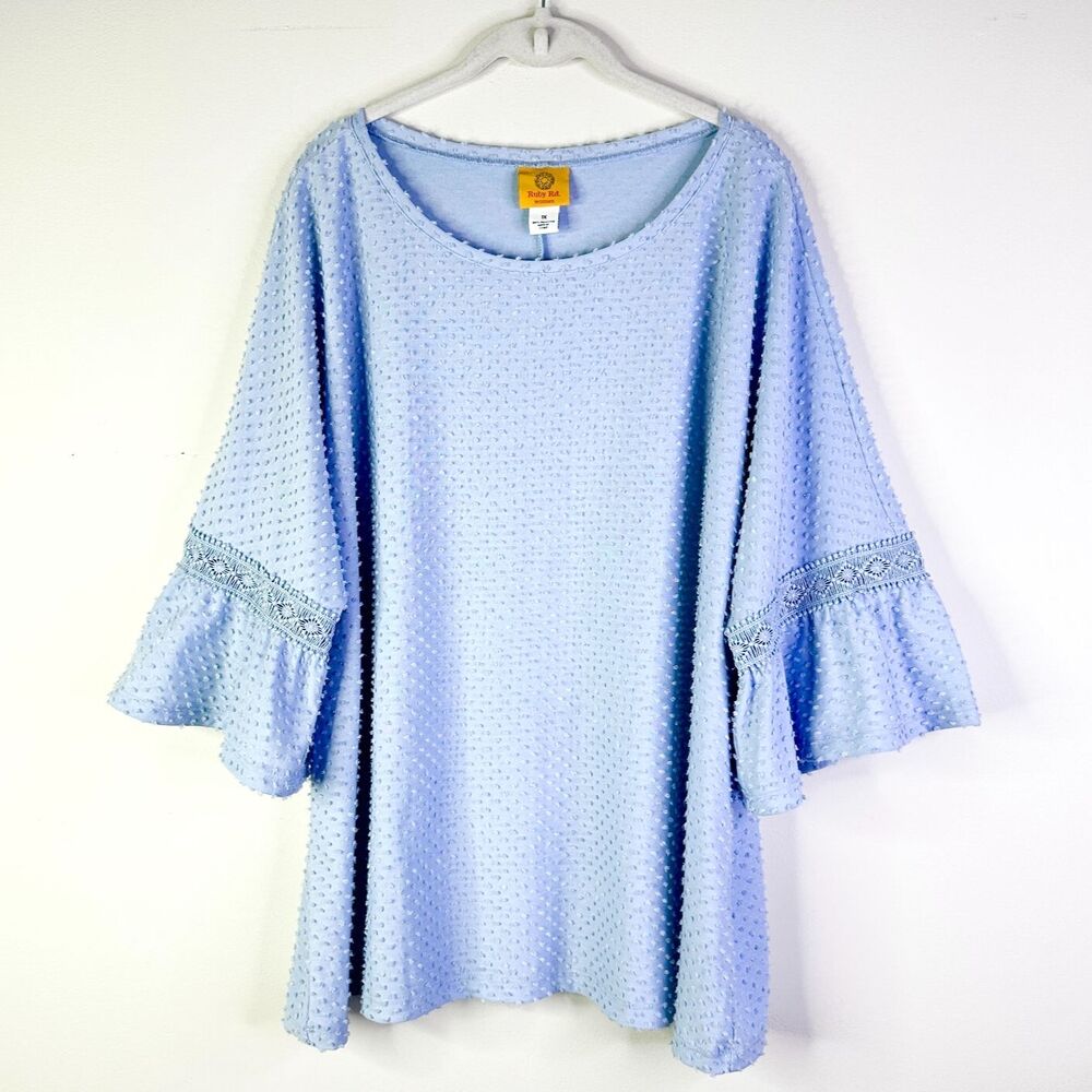 Ruby Rd Top Women 1X Plus Blue Tunic Chenille Bell Sleeve Peasant Bohemian NWOT
